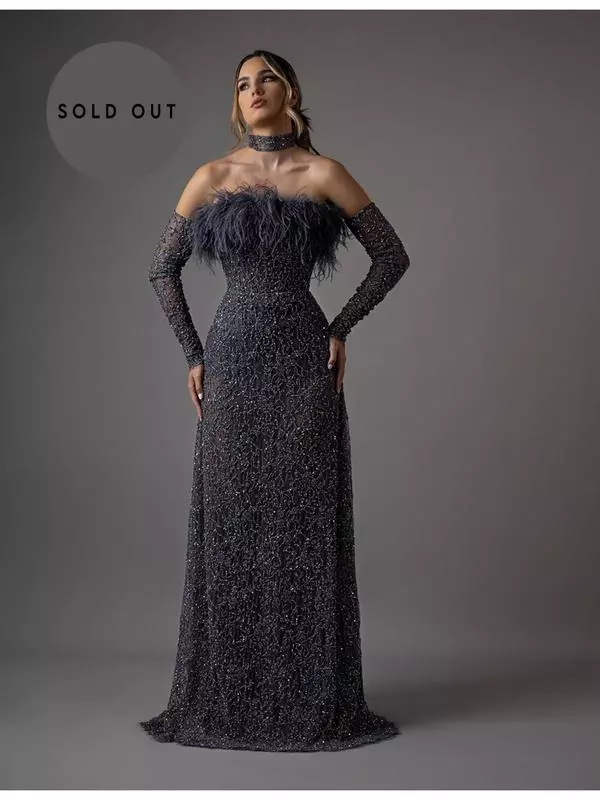 Off-the-shoulder lace with feather dress