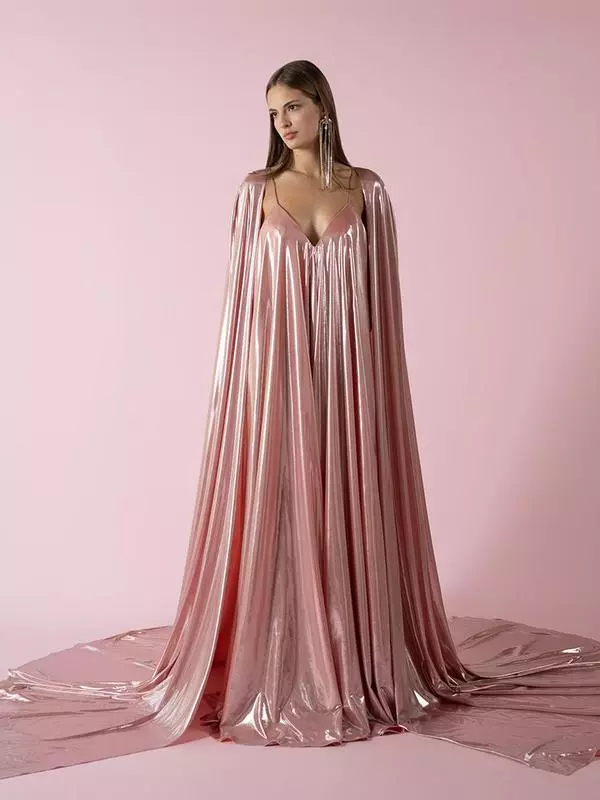 Criss-cross lamé dress with cape