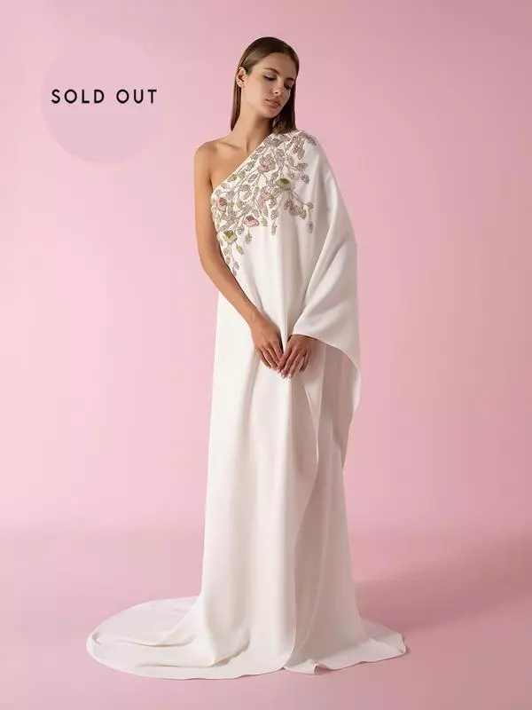 One-shoulder hand-embroidered fluid dress