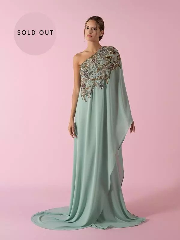 One-shoulder fluid hand-embroidered dress