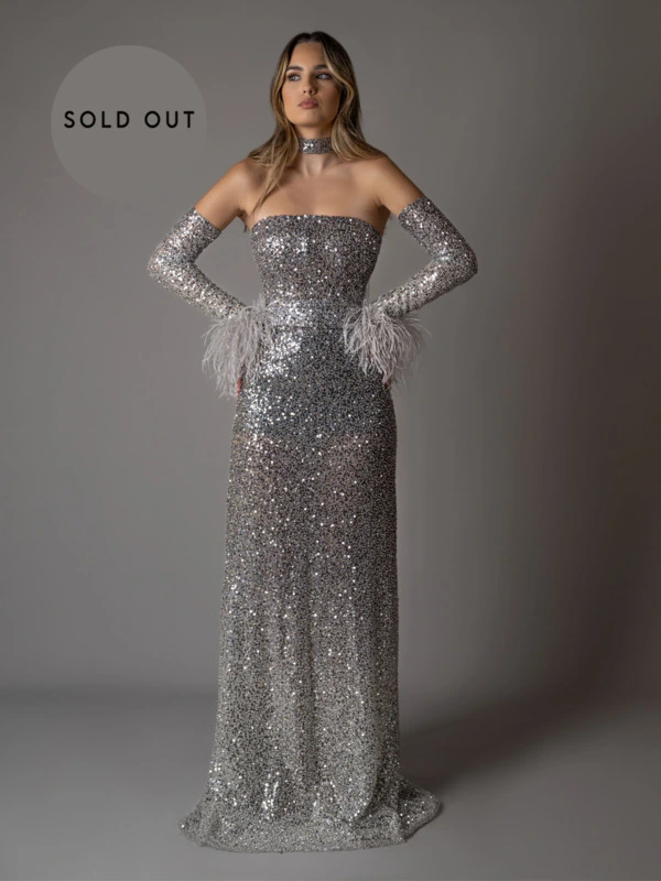 Off-the-shoulder degradé sequins dress