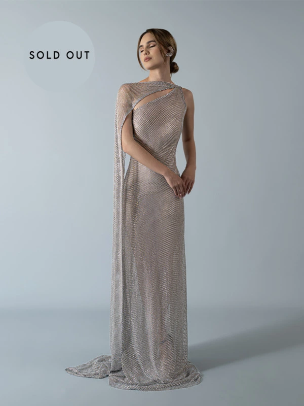 One-shoulder silver gown