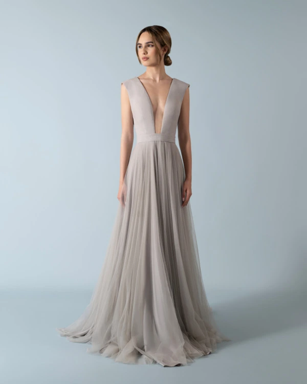 Deep plunging line tulle dress