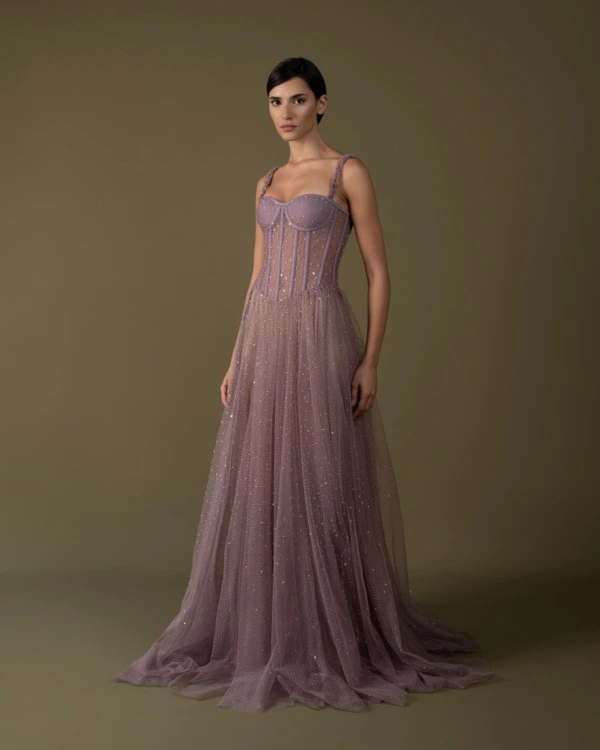 Corset dotted tulle hand-embroidered dress