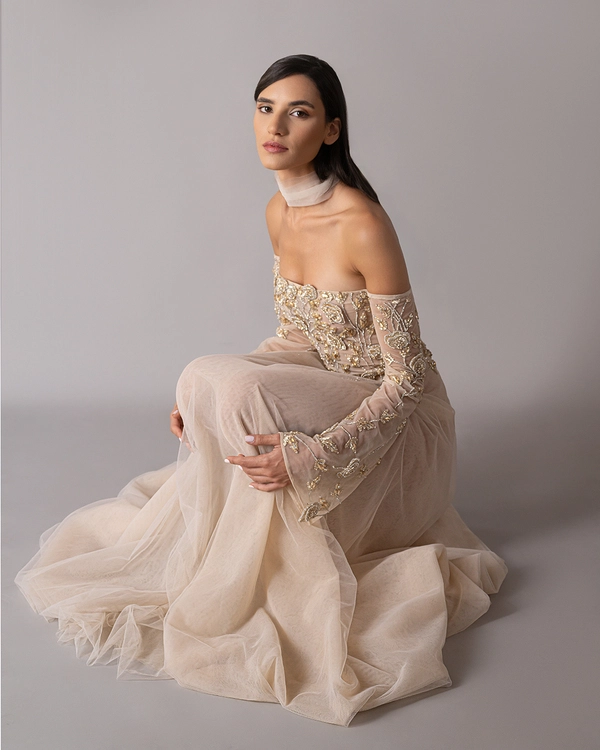 Off-shoulder hand-embroidered flower dress