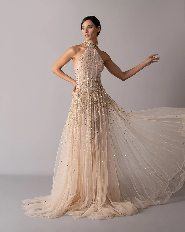 High neck golden sequin dress