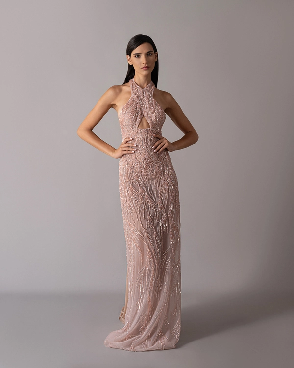 Criss-cross halter neckline hand-embroidered dress