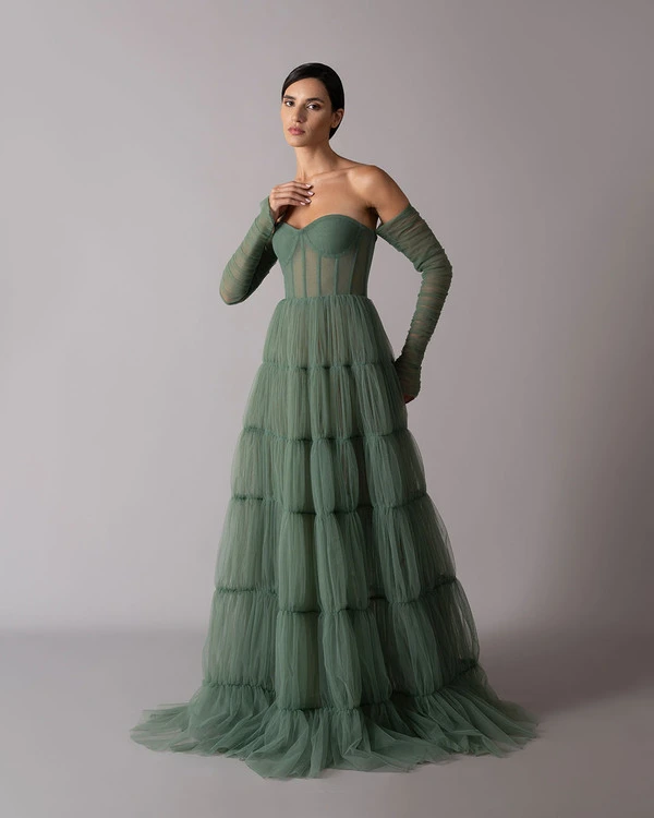 Structured skirt corset with draped sleeves