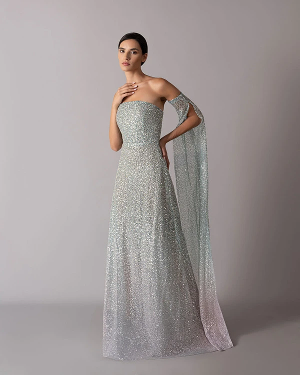 Straight cut dégradé dress with floor-length sleeve