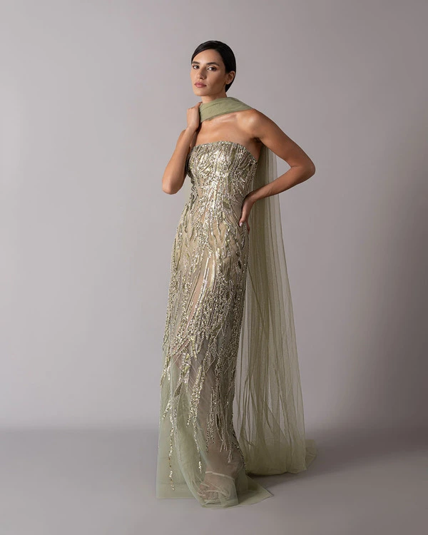 Straight cut hand-embroidered dress with floor-length scarf