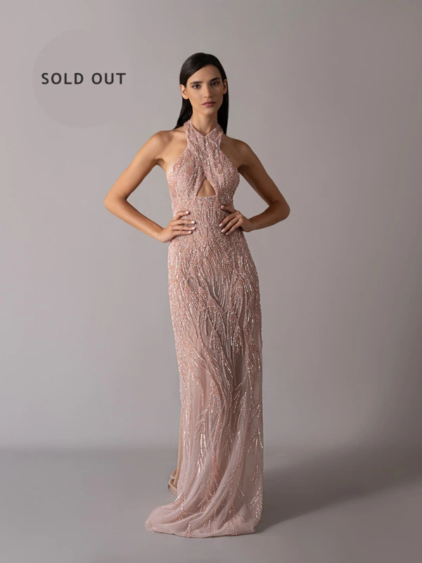 Criss-cross halter neckline hand-embroidered dress