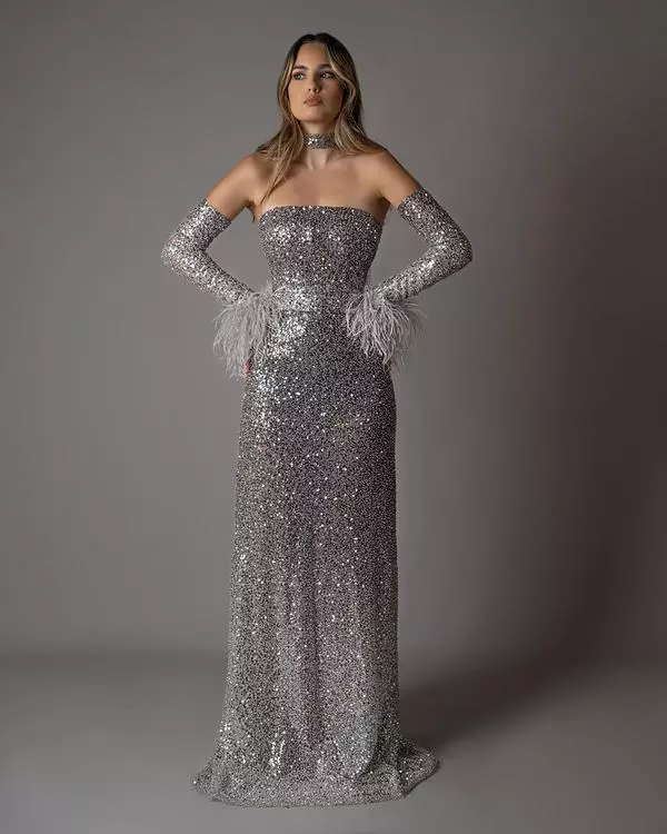 Off-the-shoulder degradé sequins dress