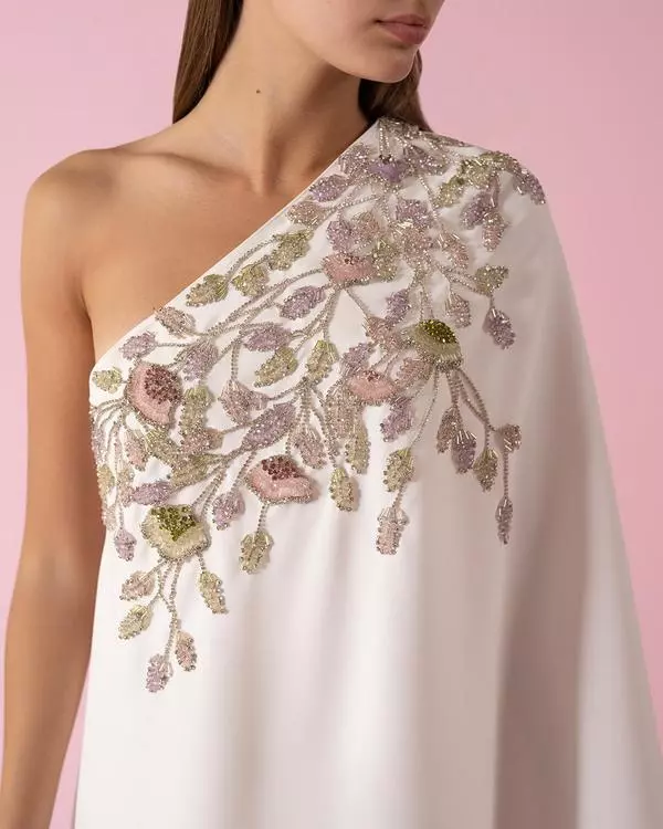 One-shoulder hand-embroidered fluid dress