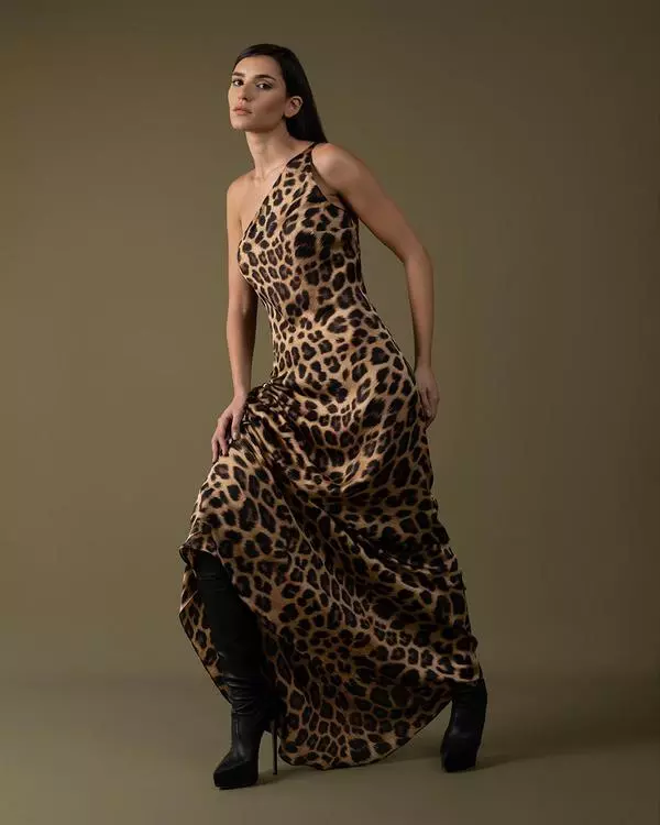 One-shoulder tiger print dress