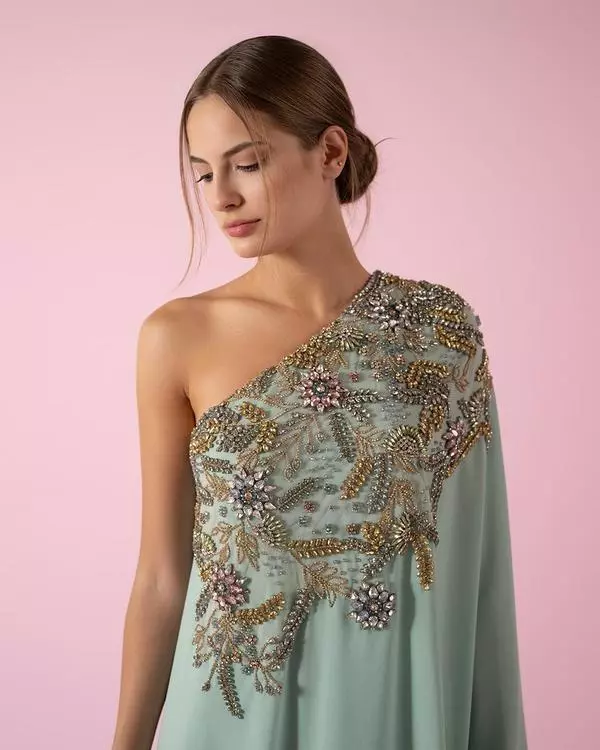 One-shoulder fluid hand-embroidered dress