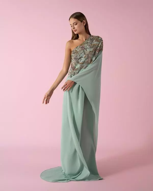 One-shoulder fluid hand-embroidered dress
