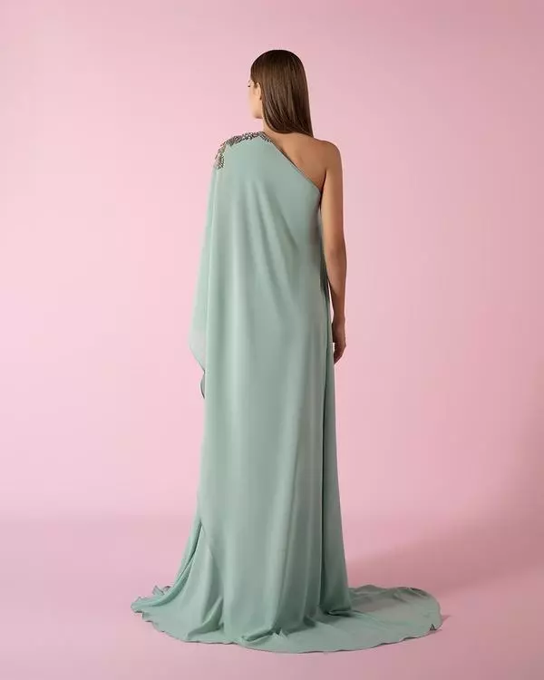One-shoulder fluid hand-embroidered dress