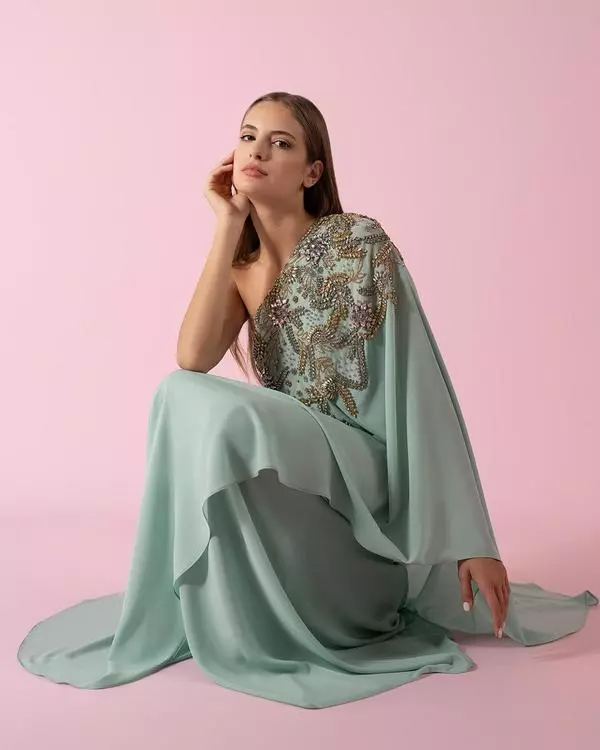 One-shoulder fluid hand-embroidered dress
