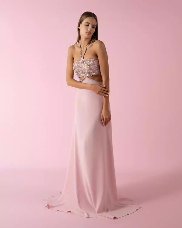 Cut-out hand-embroidered dress with straps