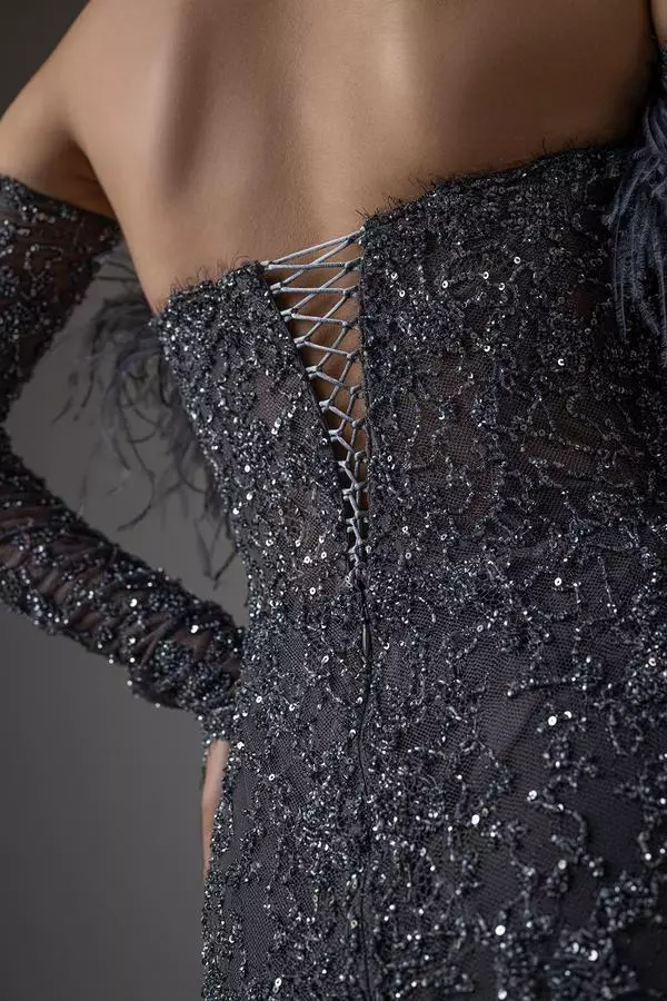 Off-the-shoulder lace with feather dress