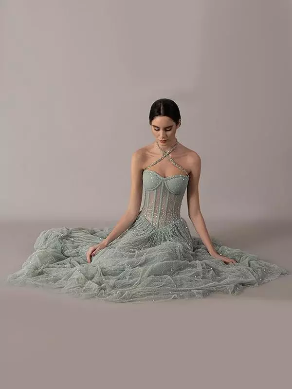 Dotted tulle hand-embellished corset dress 