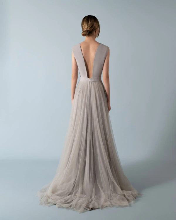 Deep plunging line tulle dress
