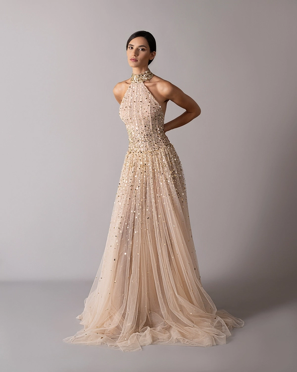 High neck golden sequin dress