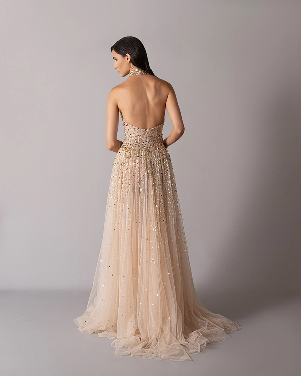 High neck golden sequin dress