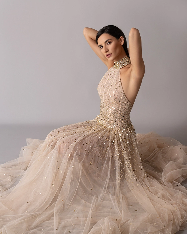 High neck golden sequin dress