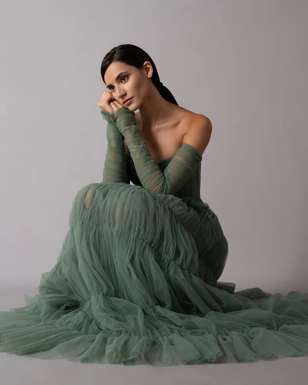 Structured skirt corset with draped sleeves