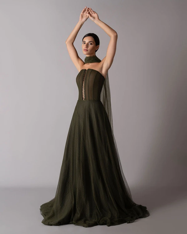 Laced dotted tulle straight cut dress