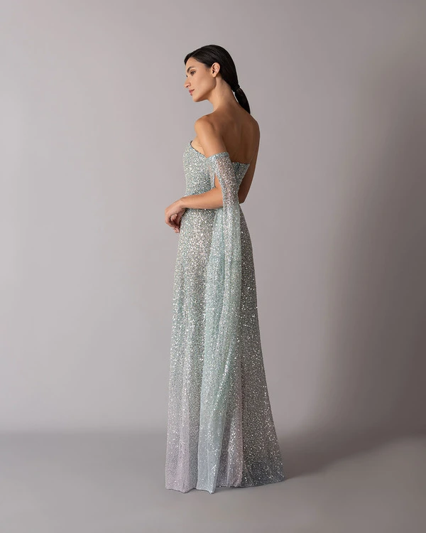 Straight cut dégradé dress with floor-length sleeve