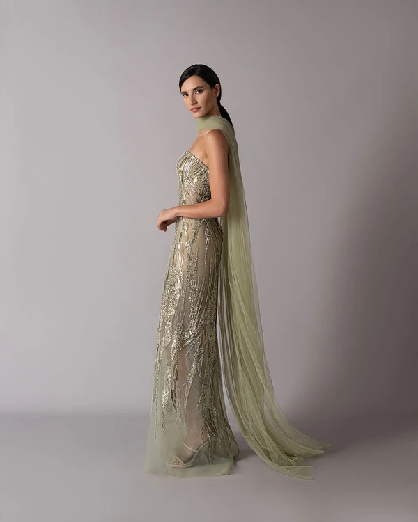 Straight cut hand-embroidered dress with floor-length scarf