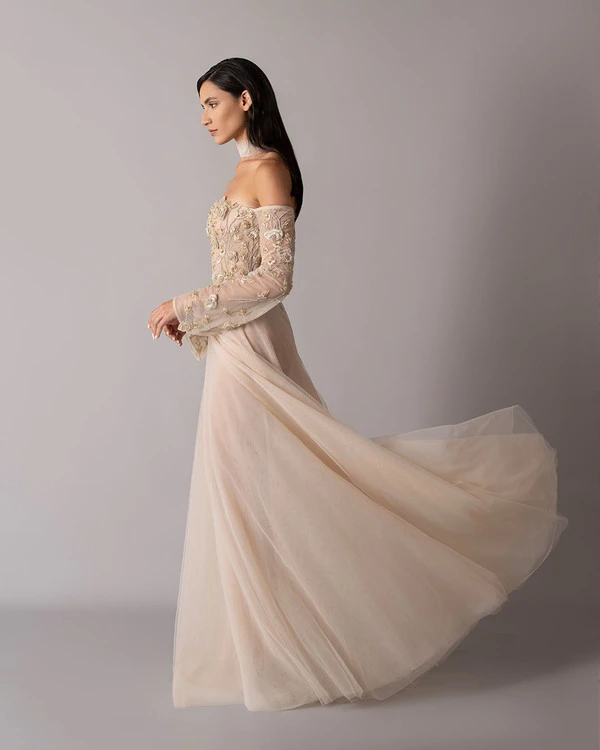 Off-shoulder hand-embroidered flower dress